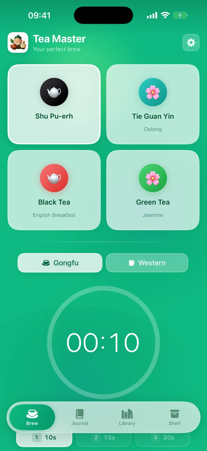 Tea Master brew screen showing favourite teas Shu Pu-erh, Tie Guan Yin, Black Tea and Green Tea, a Gongfu / Western toggle and the countdown ring at 00:10