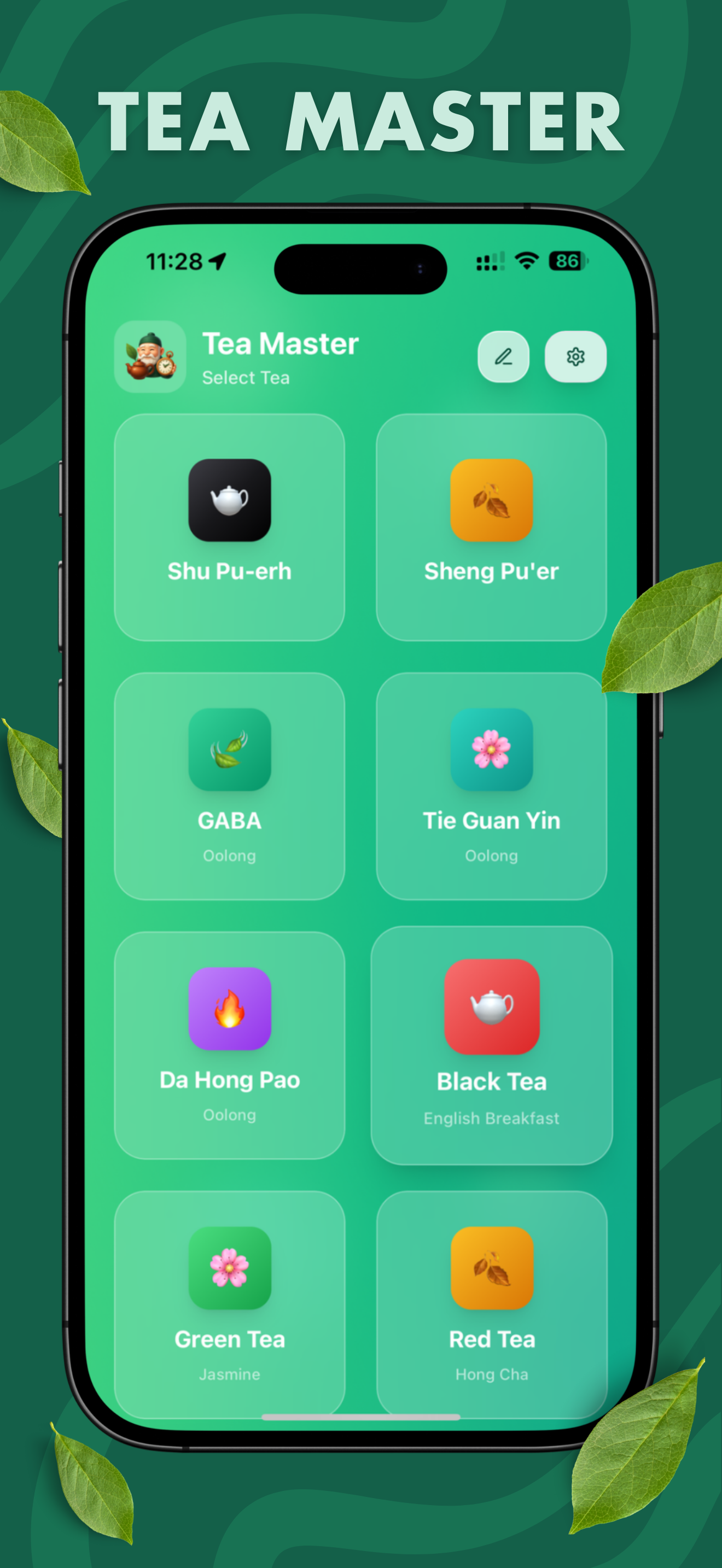 Tea Master library screen showing Shu Pu-erh, Sheng Pu'er, GABA, Tie Guan Yin, Da Hong Pao, Black Tea, Green Tea and Red Tea