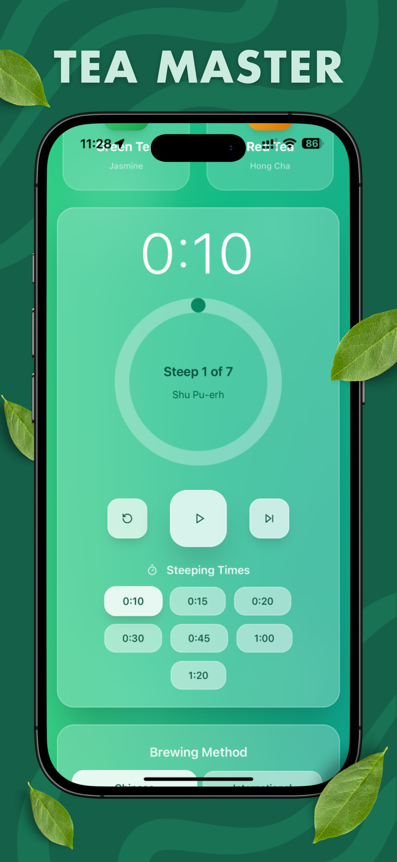 Tea Master timer screen showing Steep 1 of 7 of Shu Pu-erh with steeping times 0:10, 0:15, 0:20, 0:30, 0:45, 1:00, 1:20